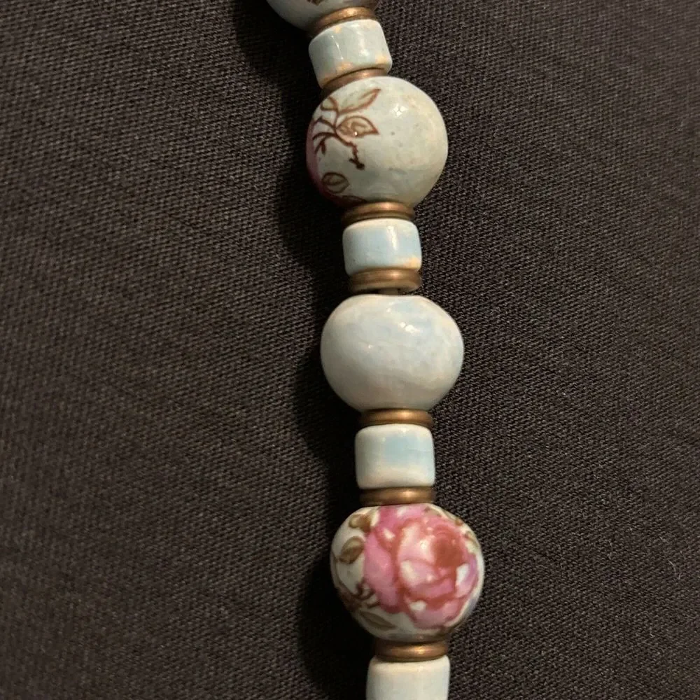 Vintage Hand Painted Porcelain Bead Necklace Turquoise Color Blue With Roses
